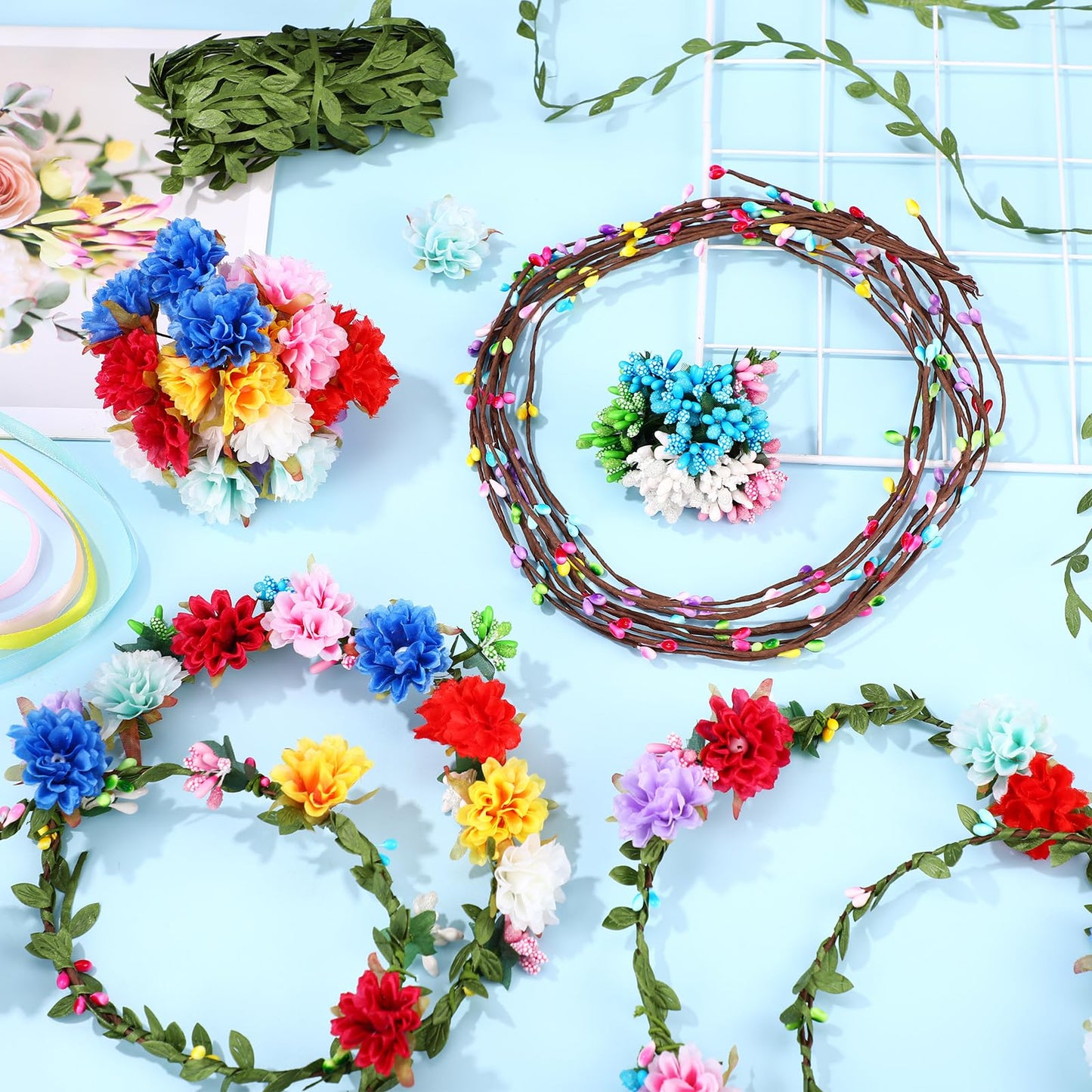 Zeyune 20 Sets Flower Crowns Making Kit, Make Your Own Flower Crown Wreath Garland Headbands Craft Kit Handmade DIY Fairy Floral