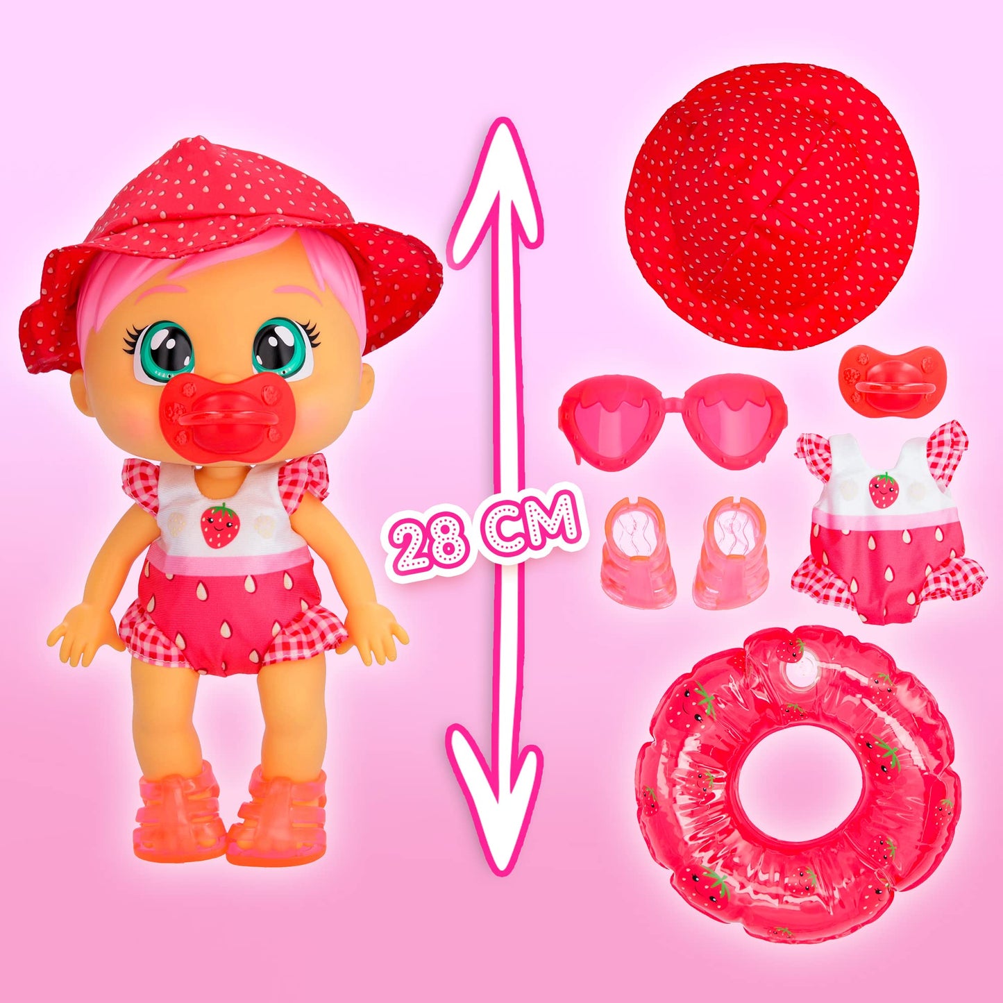 Cry Babies Fun N' Sun Ella 10' Baby Doll With A Strawberry Themed Swimsuit Plus 6 Accessories - Ages 18+ Months