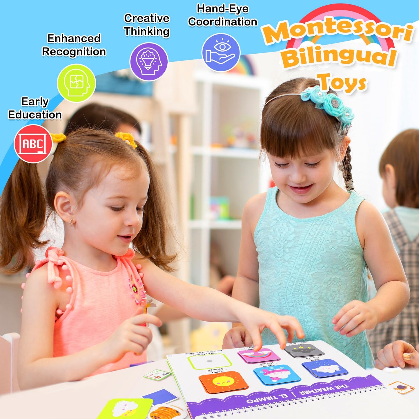 Preschool Learning Activities Spanish English Books - Montessori Educational Toys For 3 4 5 Year Old Girls, Sticker Books For To