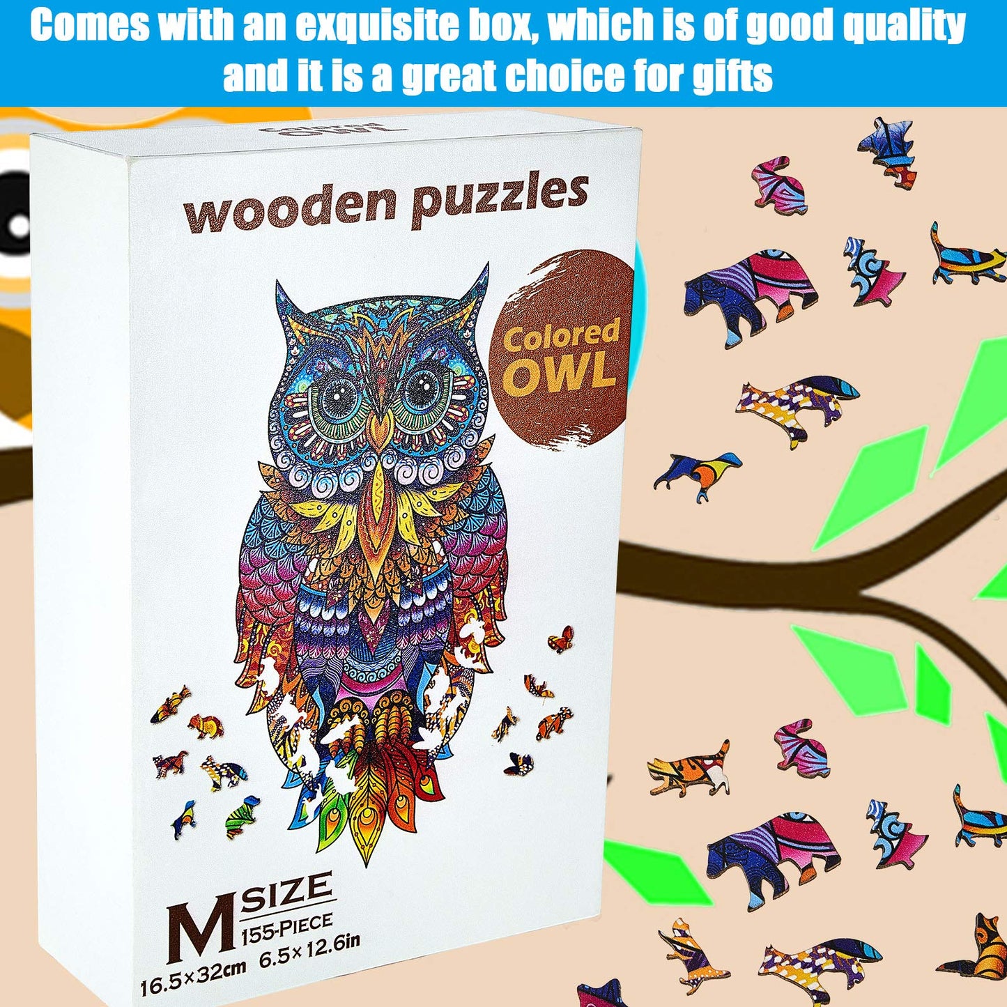 Sumind Owl Wooden Jigsaw Puzzles For Adult Original Wooden Jigsaw Puzzles Animal Shape 155 Pcs 6.5'' X 12.6'' Colorful Owl Funny