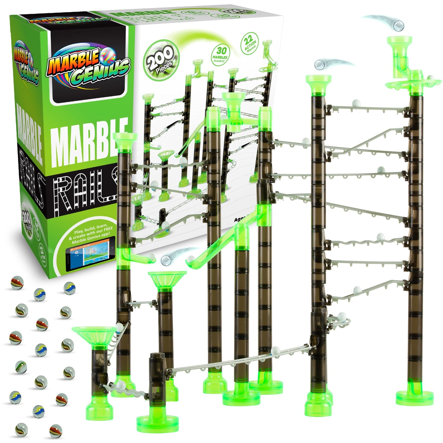 Marble Genius Marble Rails Starter Set, 200 Piece Marble Run For Kids 8+ (30 Marbles, 30 Rail Pieces, 12 Base Pieces & More), Stem, Full-Color Instructions, Great For Kids & Teens