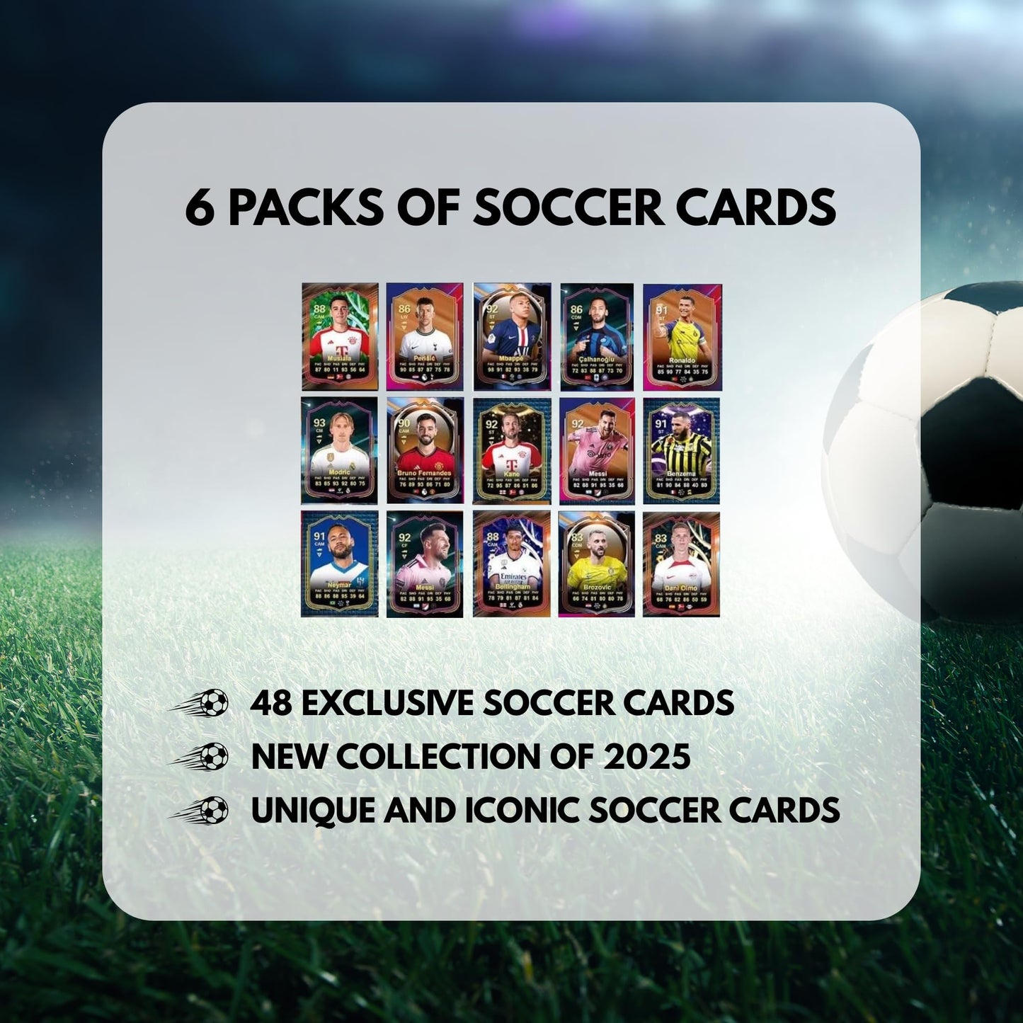 Soccer Trading Cards 2025 | 6 Packs - 48 Collectible Cards for Fans Mystery Cards Packs Contain Random enhanced Cards in Each Set - Try & Collect Them All - Great Gift!