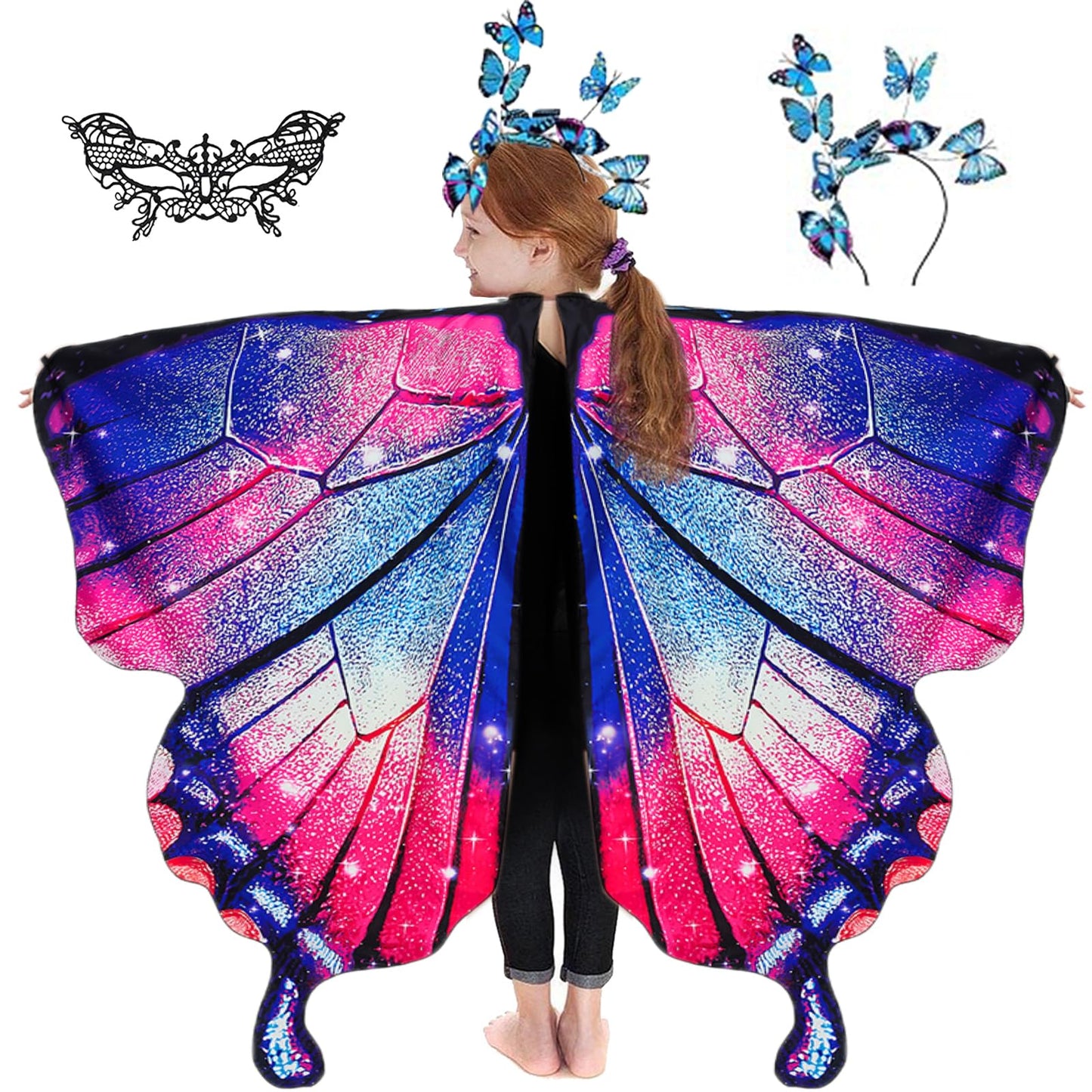 Rektak Butterfly Wings For Girls, Butterfly Costume For Halloween Party Kids Fairy Wing With Mask And Headband(Red Blue)