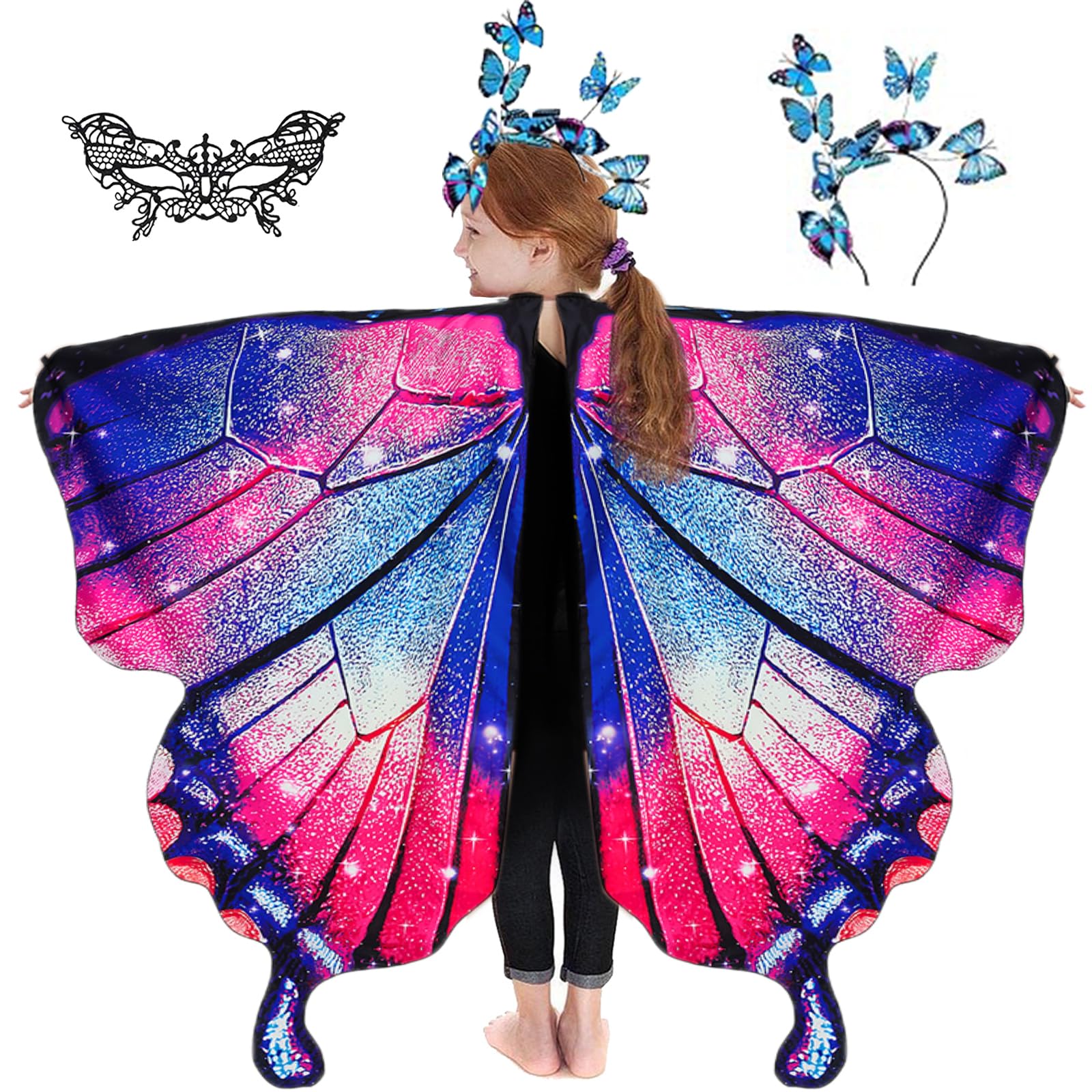 Rektak Butterfly Wings For Girls, Butterfly Costume For Halloween Party Kids Fairy Wing With Mask And Headband(Red Blue)