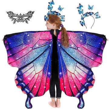 Rektak Butterfly Wings For Girls, Butterfly Costume For Halloween Party Kids Fairy Wing With Mask And Headband(Red Blue)