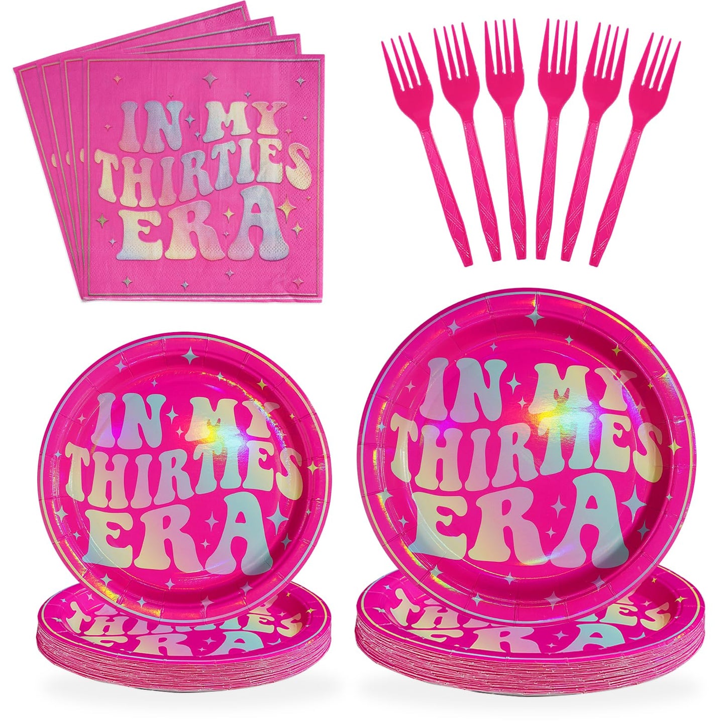 96Pcs In My Thirties Era Plates and Napkins 350GSM Holographic Rainbow 30th Birthday Decoration Hot Pink Tableware Set Singer In