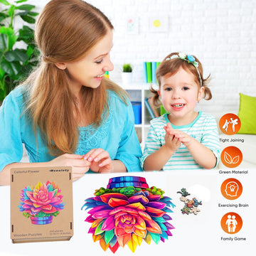 Wooden Puzzle Colorful Flower 500Pcs King Size 16.9'' X 16.2'', Luxurious Shaped Wood Puzzle, Beautiful Package, Best Gift For A