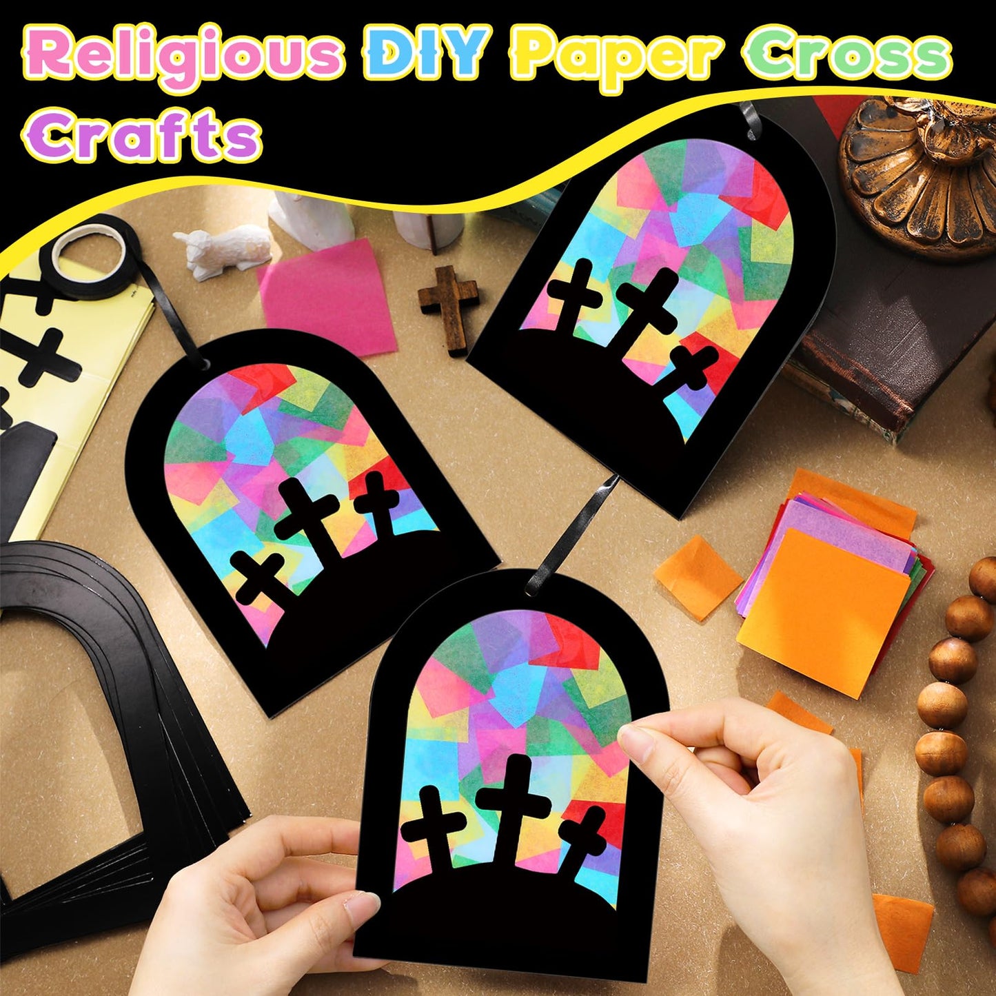 Marsui 36 Sets Valentines Heart Suncatcher Paper Craft Pink Heart Shape Window Art Decor Stained Glass Effect DIY Tissue Paper C