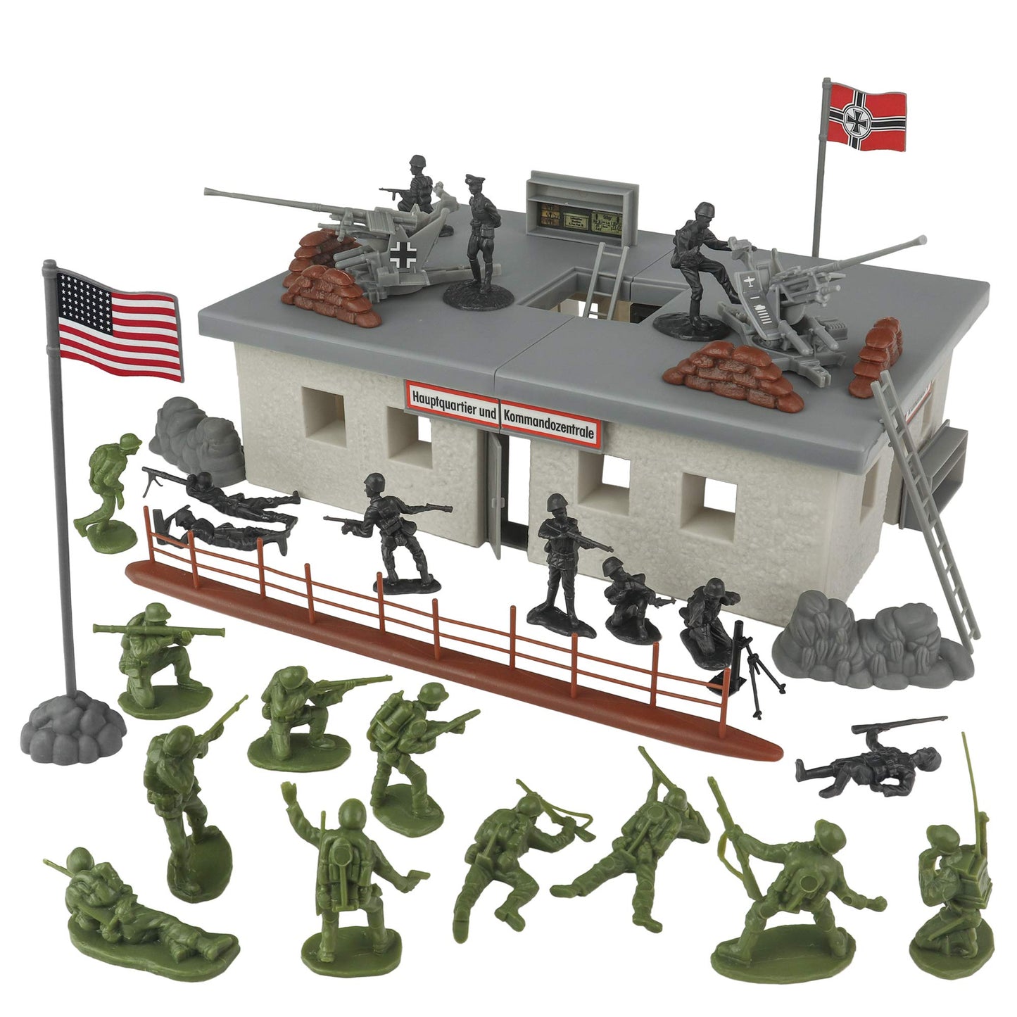 BMC Toys WW2 Secret Stronghold Playset - 36pc Plastic Army Men, Medium, Od Green/Gray/Brown/Black, Model 67009