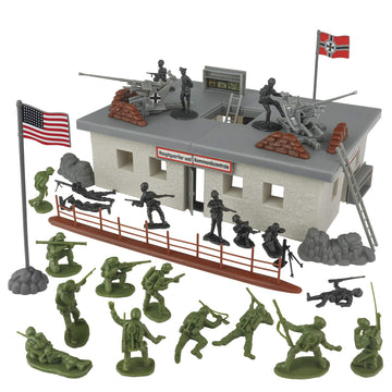 BMC Toys WW2 Secret Stronghold Playset - 36pc Plastic Army Men, Medium, Od Green/Gray/Brown/Black, Model 67009