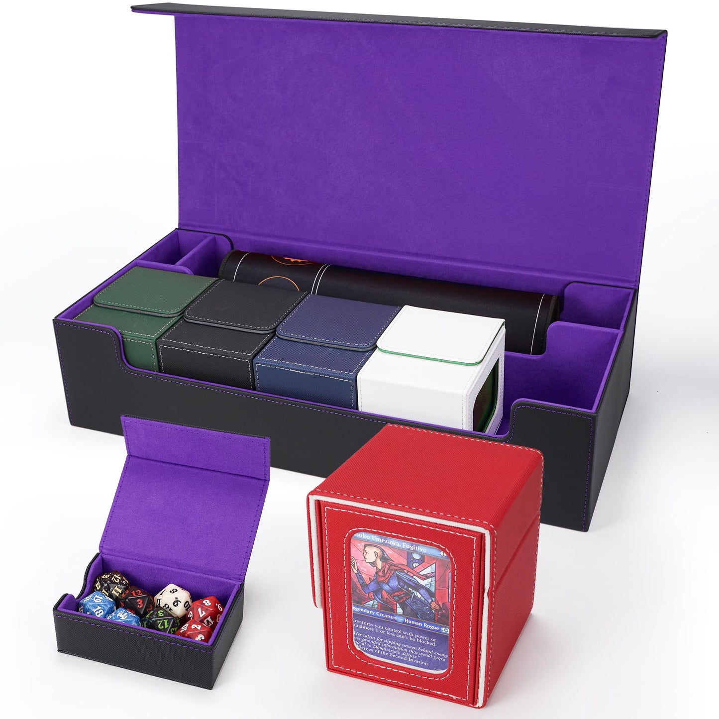 AFIING MTG Deck Box 6 In1 with MTG Playma enhanced Card Storage Box with 5 Pcs MTG Deck Box Holds 2400+ Trading Cards  Large TCG Card Deck Case for Magic Yugioh Sports Cards (Black&Purple)