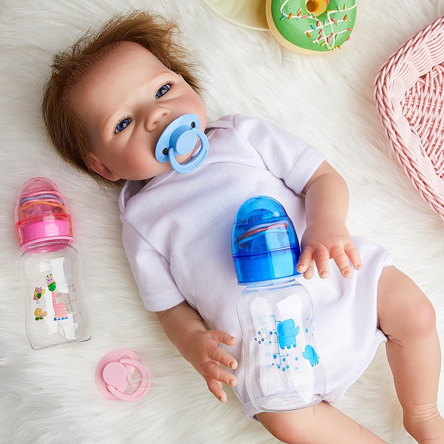 Jexine 4 Pieces Reborn Doll Accessories, Includes 2 Magnetic Pacifier And 2 Baby Doll Bottles Baby Alive Pacifier Feeding Bottle Gift For Baby Shower Birthday, Random Pattern, Pink And Blue (Cute)