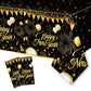 2PCS New Year Tablecloth, Disposable Black Gold NYE Party Tablecloth Decorations, Rectangular Plastic Happy New Year Table Cover