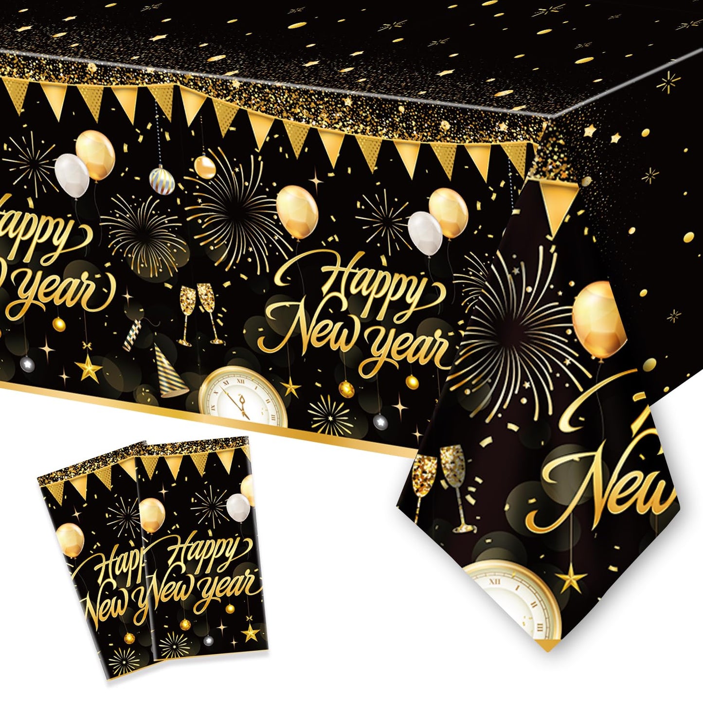 2PCS New Year Tablecloth, Disposable Black Gold NYE Party Tablecloth Decorations, Rectangular Plastic Happy New Year Table Cover