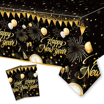 2PCS New Year Tablecloth, Disposable Black Gold NYE Party Tablecloth Decorations, Rectangular Plastic Happy New Year Table Cover