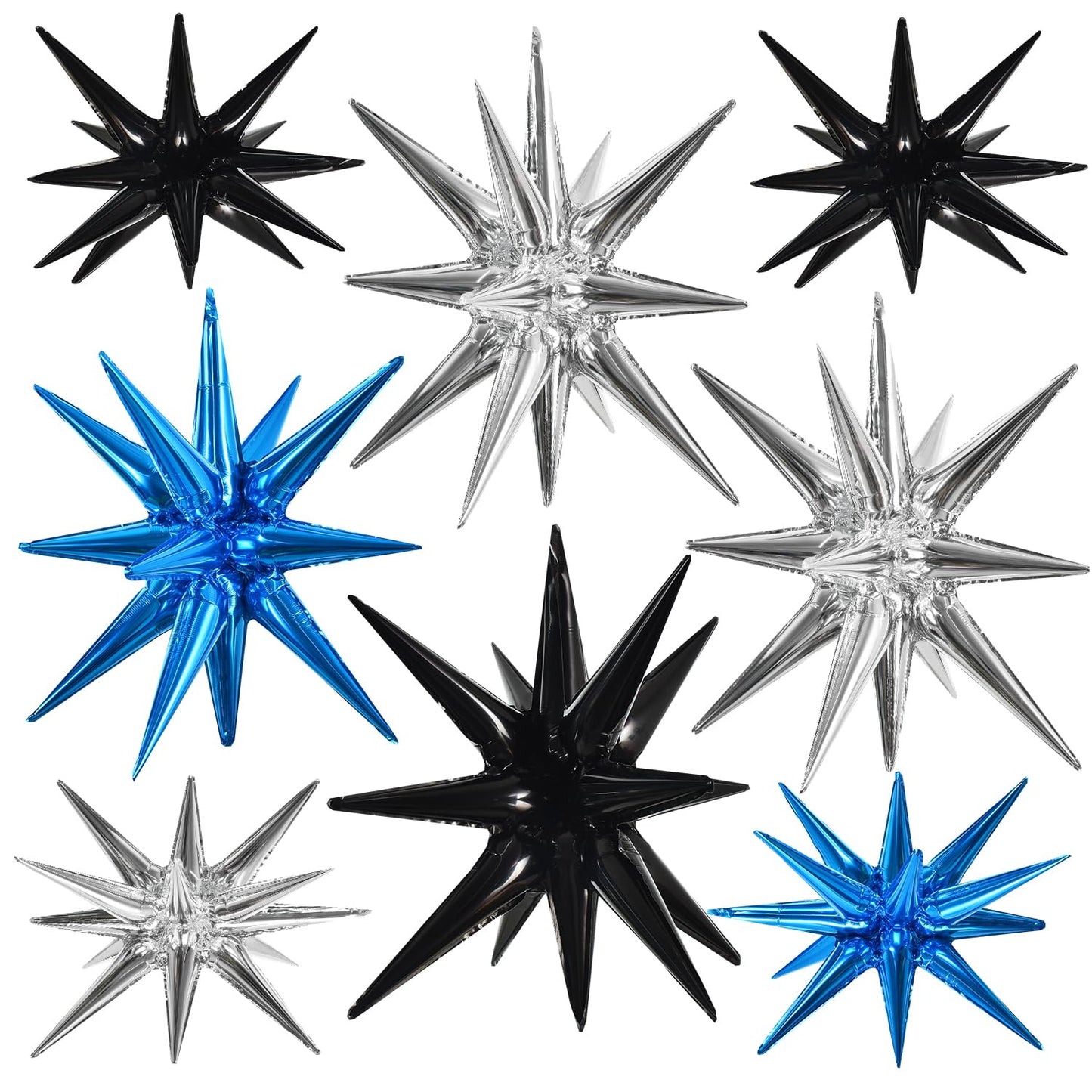 TONIFUL 8 Pcs Blue Silver Black Foil Balloons Large Star Balloons Explosion Star Mylar Balloons for Party Backdrop Christmas New