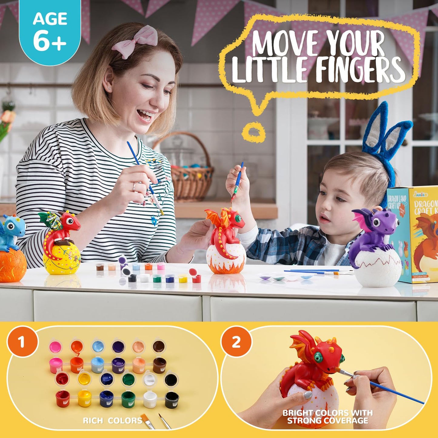 JMMICO Paint Your Own Dragon Lamp Craft Kit, DIY 3D Craft Dragon Night Light with 12 Colors Paint, Arts and Crafts for Kids Ages