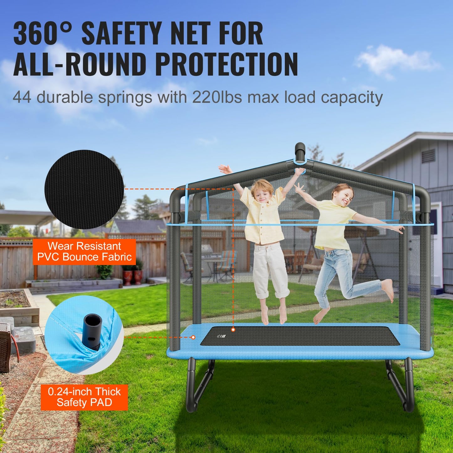 Vevor 6Ft Trampoline 72'' Indoor/Outdoor Trampoline, Mini Trampolines With Safety Enclosure Net, Gymnastics Bar, Hammock, Recrea