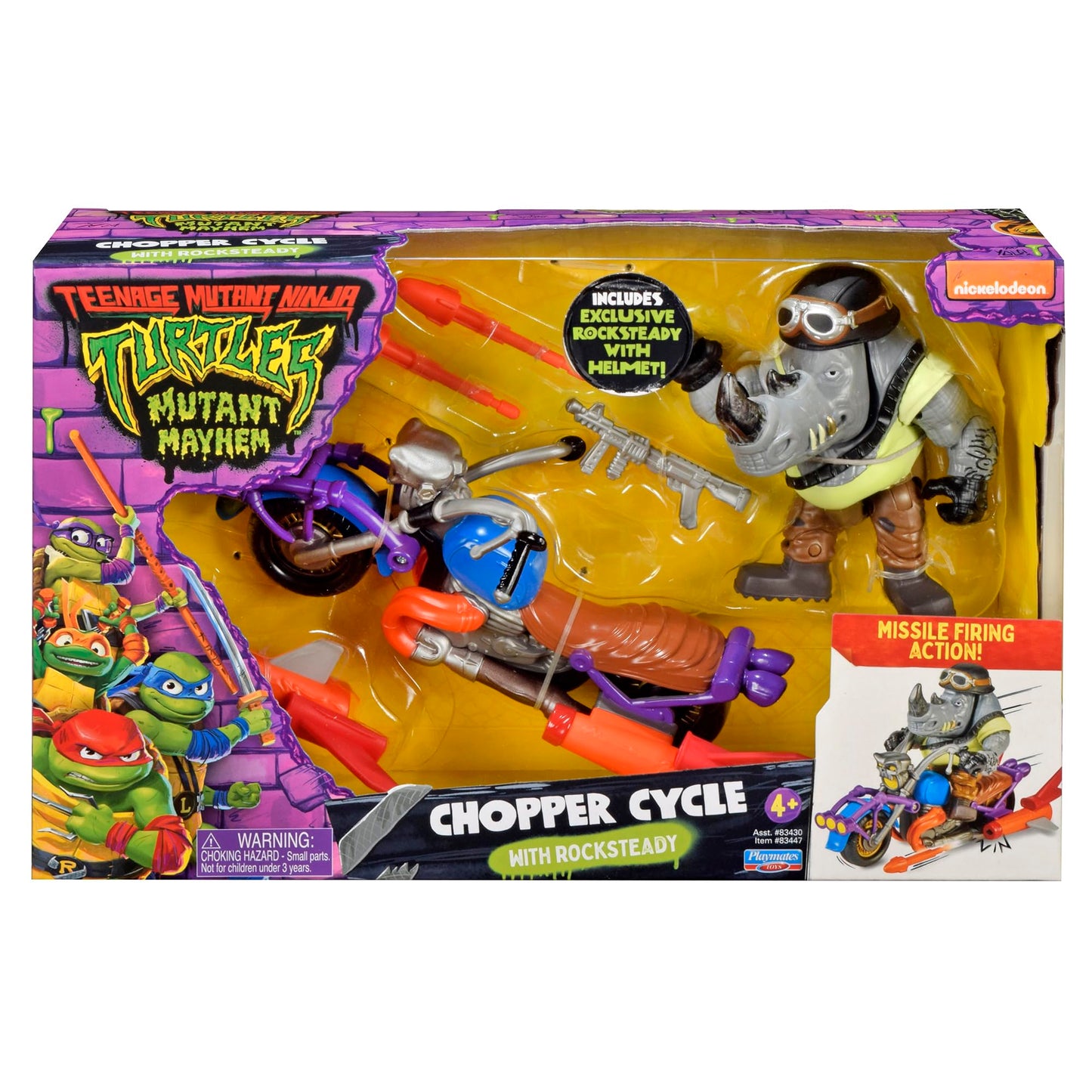 Teenage Mutant Ninja Turtles Chopper Cycle with Exclusive Rocksteady Figure, Plastic, Multicolor, Model 84303