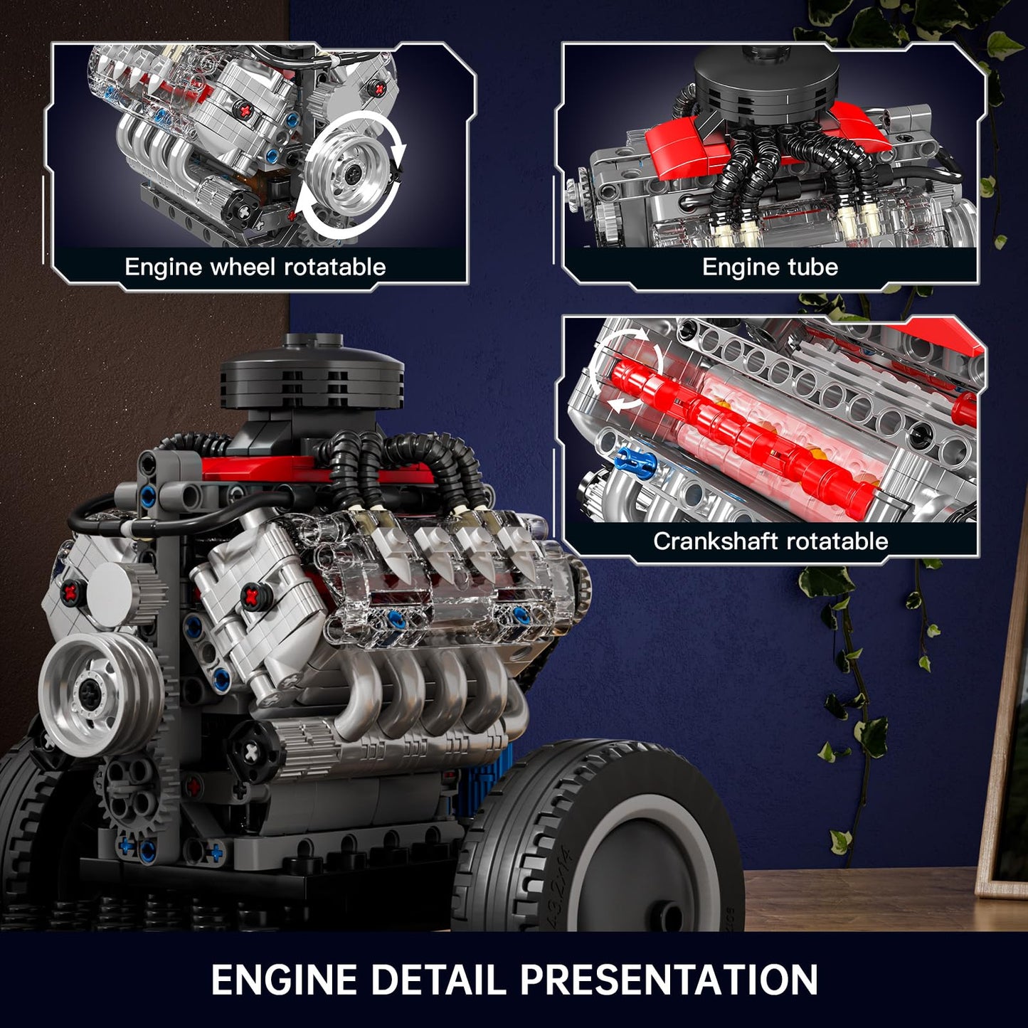 Mould King Mini V8 Engine Kit - 487 Pcs STEM Toy for Teens & Adults, 4.4"x6.1"x5.4", Plastic, Model FT-10171-