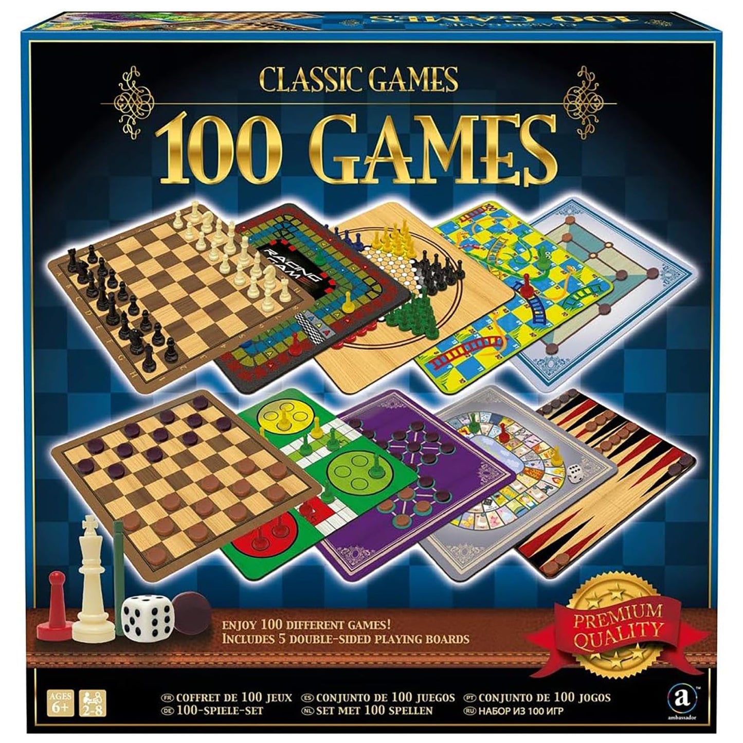Merchant Ambassador Classic Games Set - 100 Games, 5 Double-Sided Boards, Fun for Ages 3+, Cardstock Material