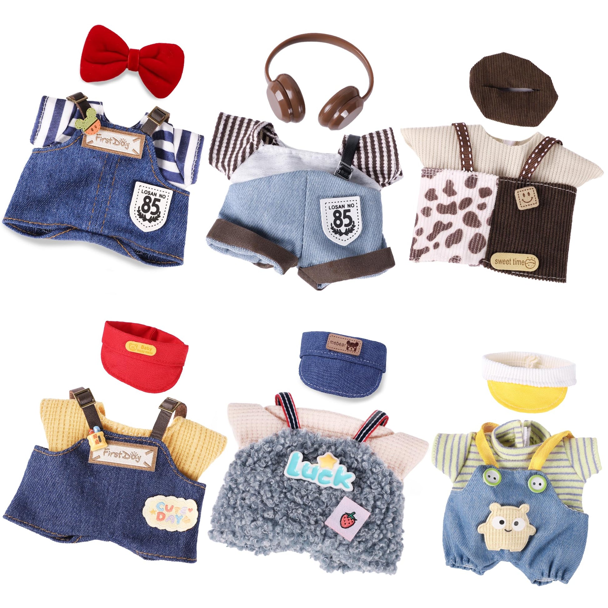 Clothes for 6.7in/17cm Doll  Set of 4 Cute Doll Accessories Includes Doll Hat+T-Shirt+Bib Pants+Shoes Set enhanced Fashion Outfit for Collectors Unique Gift (6 Sets)