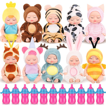 10 Pcs 4 Inch Mini Baby Dolls Realistic Baby Doll Animal Clothes Cute Tiny Babies Gifts Set With 10 Pcs Nursing Bottles For Boys