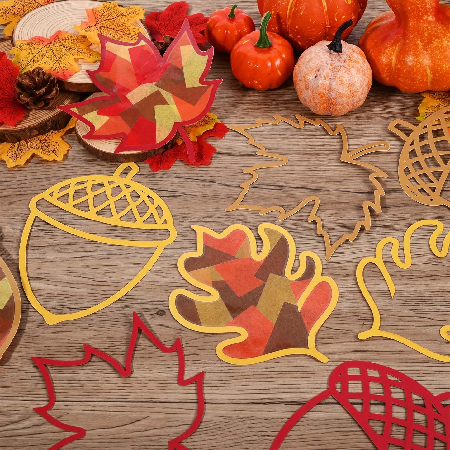 24 Sets Fall Maple Acorn Crafts Kit DIY Tissue Paper Suncatcher Kit Stained Glass Effect Decoration for Autumn Thanksgiving Scho