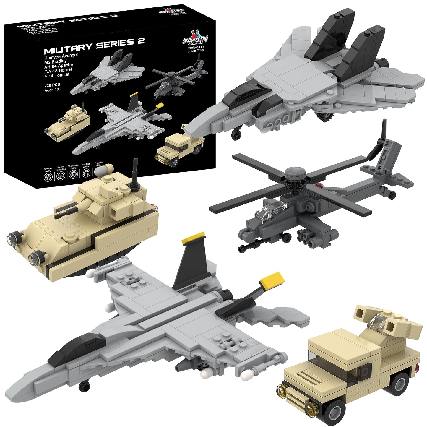 Apostrophe Games 5 Military Building Block Sets (728 Pieces) F/A-18 Hornet, F-14 Tomcat Fighter Jet, Ah-64 Apache Helicopter, M2