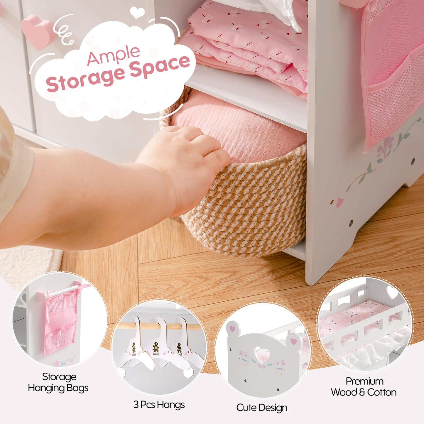 ROBUD Baby Doll Crib, Wooden Doll Bed, Baby Crib Toy with Storage, Bedding, Storage Bag and 3 Hooks, 18-21 inch Doll Accessories