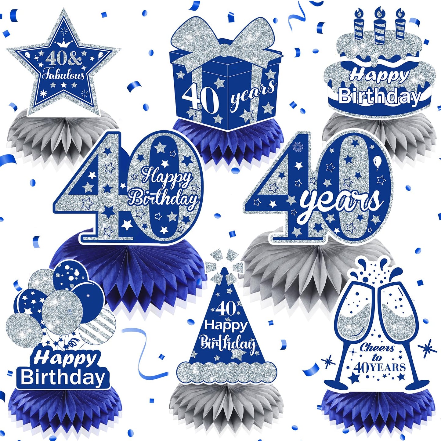 8Pcs Blue 40Th Birthday Decorations Navy Blue Silver Happy 40Th Birthday Table Honeycomb Centerpieces For Table Decor 40Th Birthday Table Topper For Men Women 40Th Birthday Anniversary Party Supplies