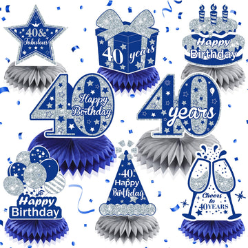 8Pcs Blue 40Th Birthday Decorations Navy Blue Silver Happy 40Th Birthday Table Honeycomb Centerpieces For Table Decor 40Th Birthday Table Topper For Men Women 40Th Birthday Anniversary Party Supplies