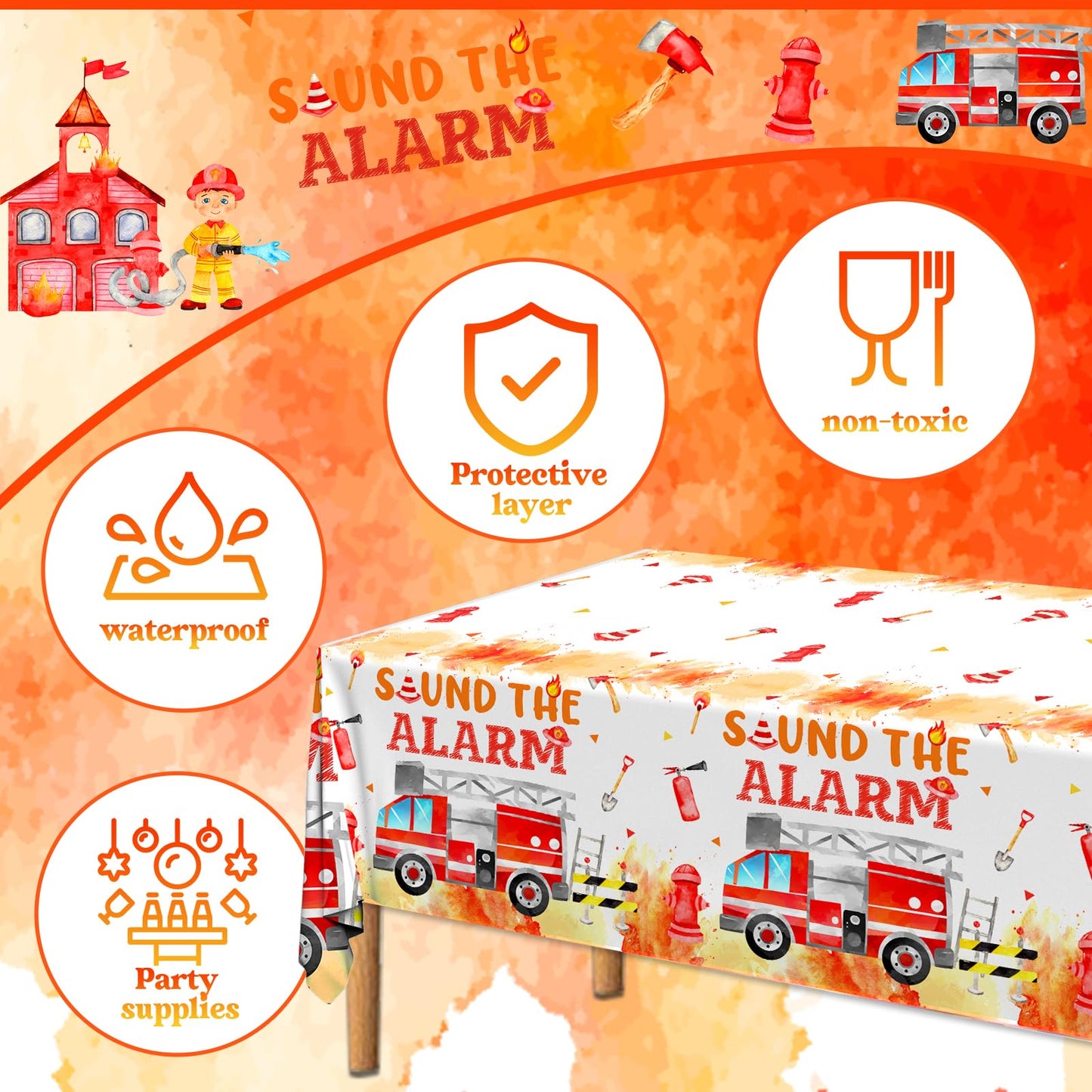 Fire Truck Birthday Party Tablecloth - Firefighter Birthday Party Decorations, 3Pcs Fire Truck Table Cloth, Rectangle Plastic Fi