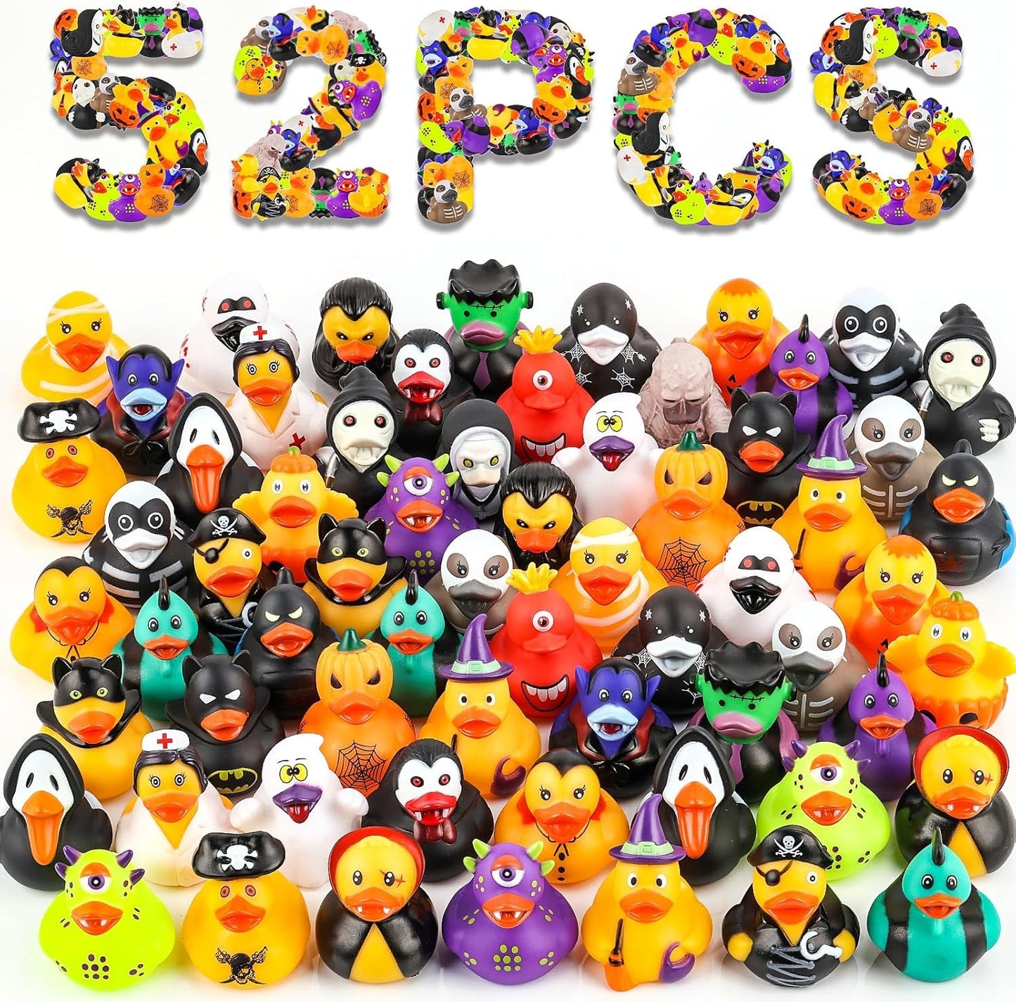 WPQO 52Pcs Halloween Rubber Ducks in Bulk,Halloween Ducks for Halloween Goodie Bag Stuffers,Rubber Duckies Baby Bath Toys for Pa