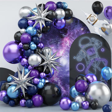 Space Balloon Arch Kit, Space Birthday Decorations Blue Purple Silver Balloon Arch Garland Kit Metallic Chrome Balloons 4D Star