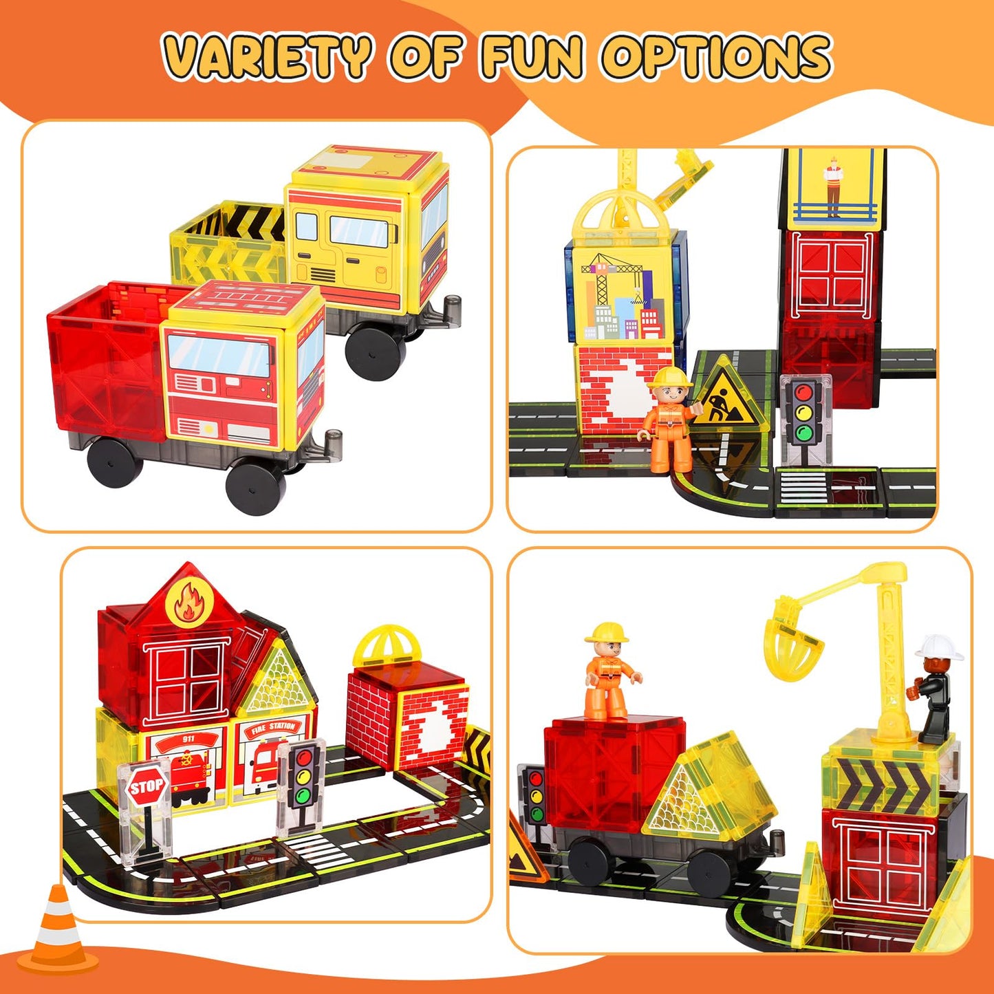 Magnetic Tiles Road Set with Fire Trucks & 2 Dolls  Double-Sided Magnet Tiles with 2 Cranes  Toys for Boys Ages 3-5 5-7  STEM Learning Construction Toys Include Car  Stations  Signs  Gifts for Kids 3+