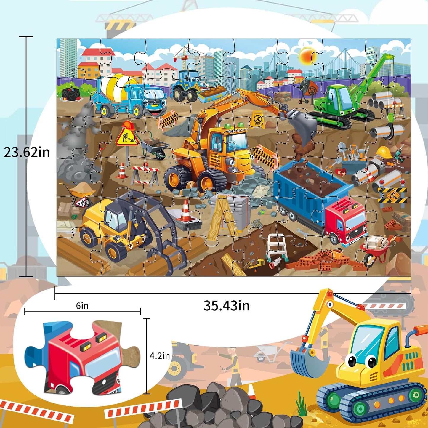 Jadeso 48 Pieces Jumbo Floor Puzzles For Kids Ages 3-5, Puzzle For Kid Ages 4-6, Construction Site Jigsaw Large Puzzles, Childre