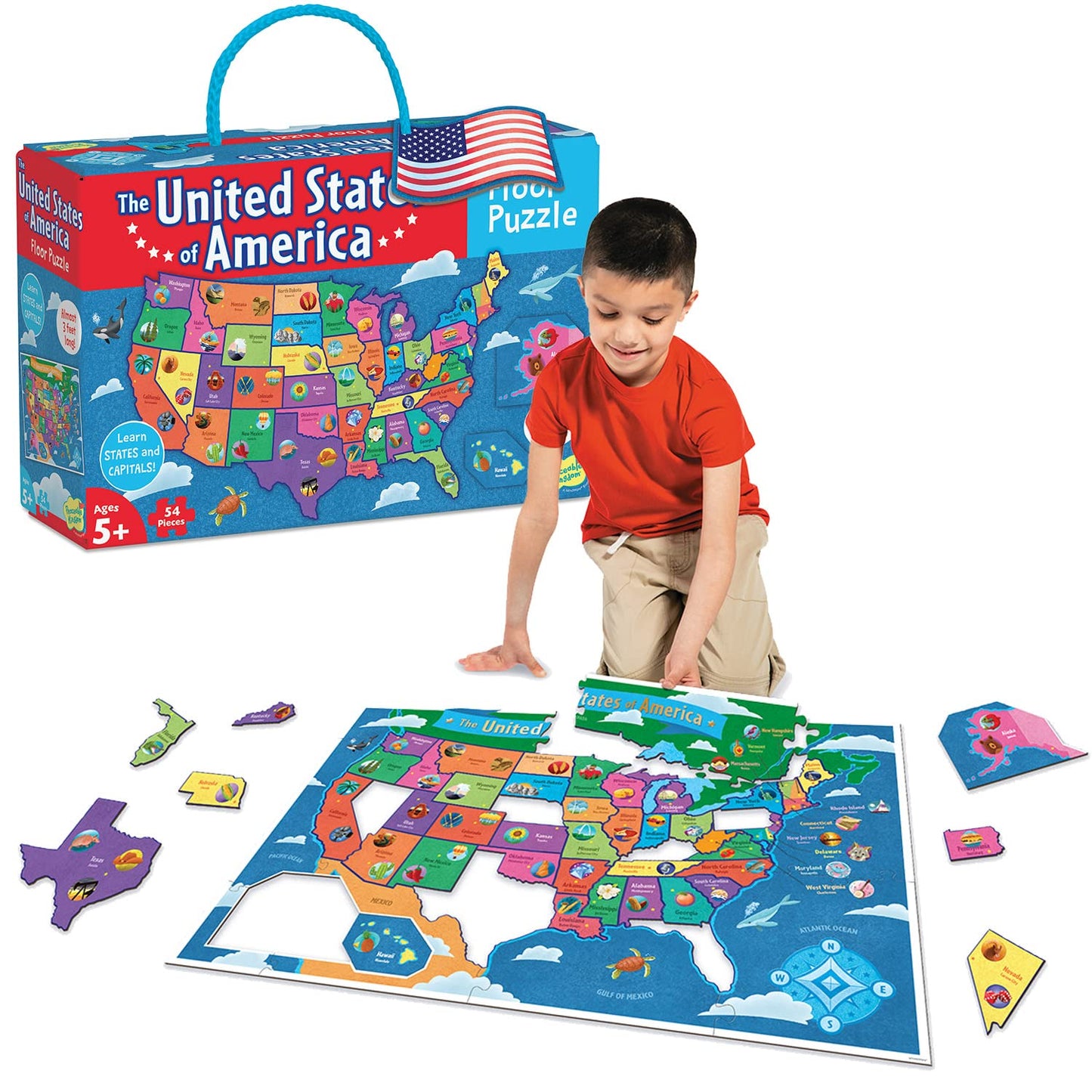 Peaceable Kingdom United States Floor Puzzle for Kids - USA States & Capitals Map for Ages 5+, Preschool Toy for Boys & Girls