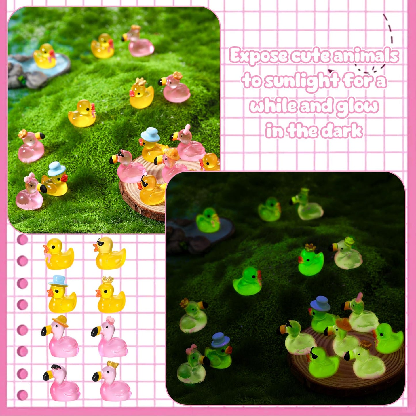 GGSTDDUP 80 Pcs Mini Resin Flamingo Ducks  Luminous Tiny Ducks Figurines to Hide  Miniature Pink Flamingo Glow in The Dark for DIY Landscape  Fairy Garden  Dollhouse  Aquarium  Cake Decor (8 Styles)