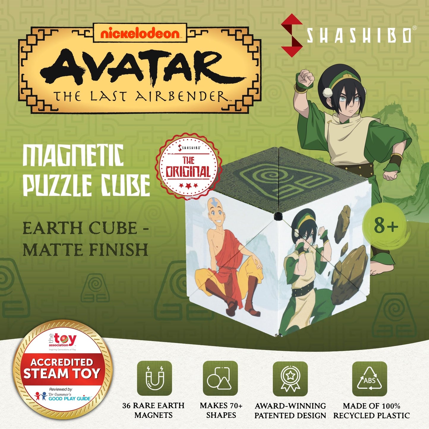 Shashibo Avatar The Last Airbender Shape Shifting Box - Award-Winning, Patented Magnetic Puzzle Cube W/ 36 Rare Earth Magnets - Fidget Transforms Into Over 70 Shapes (Avatar - Earth)