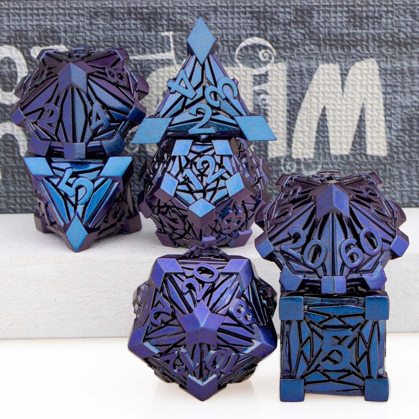 ORIFANTOU 7PCS Metal DND Dice Set Blue Purple D&D Dice with Box, Debris RPG D and D Dice Dungeons and Dragons Role Playing Game