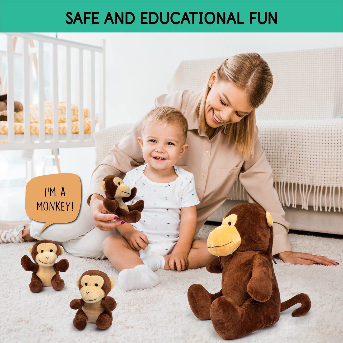 Plush Creations Talking Stuffed Mommy Monkey Set | 4 Piece Assortment | Brown Plush | Includes 3 Baby Monkeys | Ages 0+