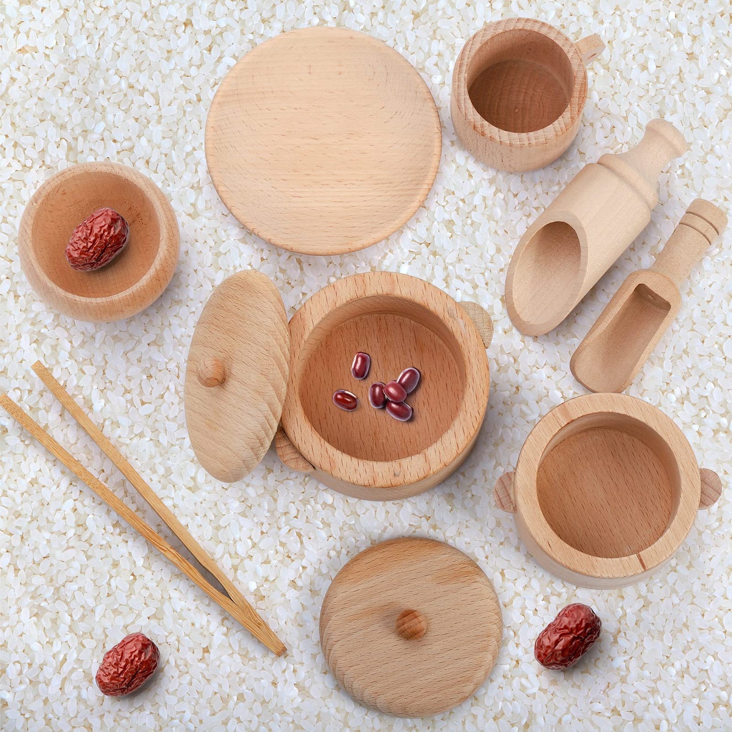 Hiceeden Set Of 9 Wooden Sensory Bin Tools For Toddler And Kids, Sensory Scoops And Tongs Toys With Bag, Waldorf Montessori Toys