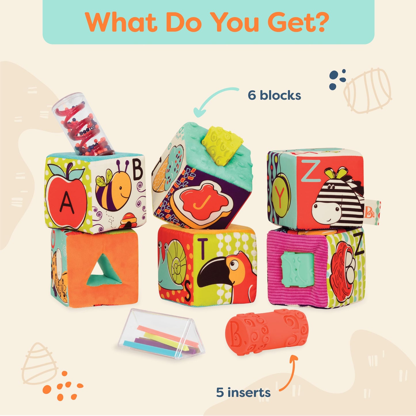 B. Toys Soft Fabric Building Blocks - Educational ABC Blocks for Toddlers, Multi-Color, Model BX1661Z, Textured Shapes, 6 Months+