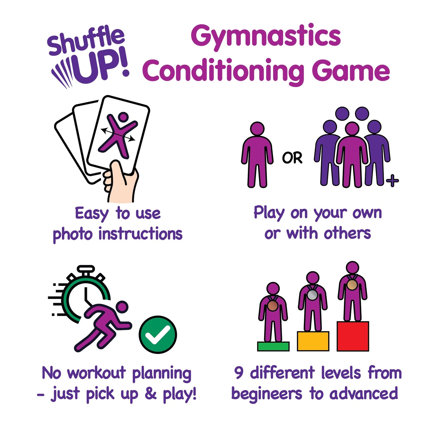 Shuffle Up Gymnastics Card Games - 70+ Active Skills Cards for Kids, Medium Size, Multicolor, Includes 2 Dices, Cardstock Material