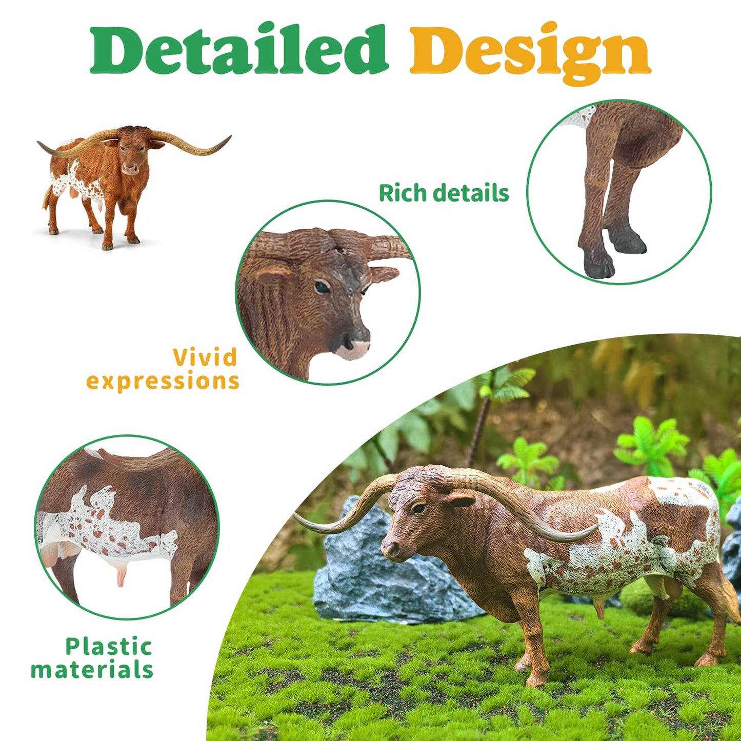 EOIVSH Longhorn Cow Toy Figure, 6 Inches Bull Cow Figurine, Educational Farm Animal Toy for Kids 3 4 5 6 7 8 Year Old, Great for