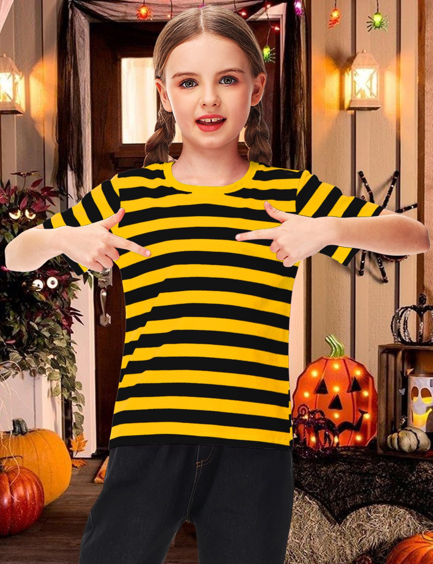 Boys Black Yellow Striped Shirt Girls Bee Costume Kids Summer Short Sleeve Casual Tee Top 13-14 Years