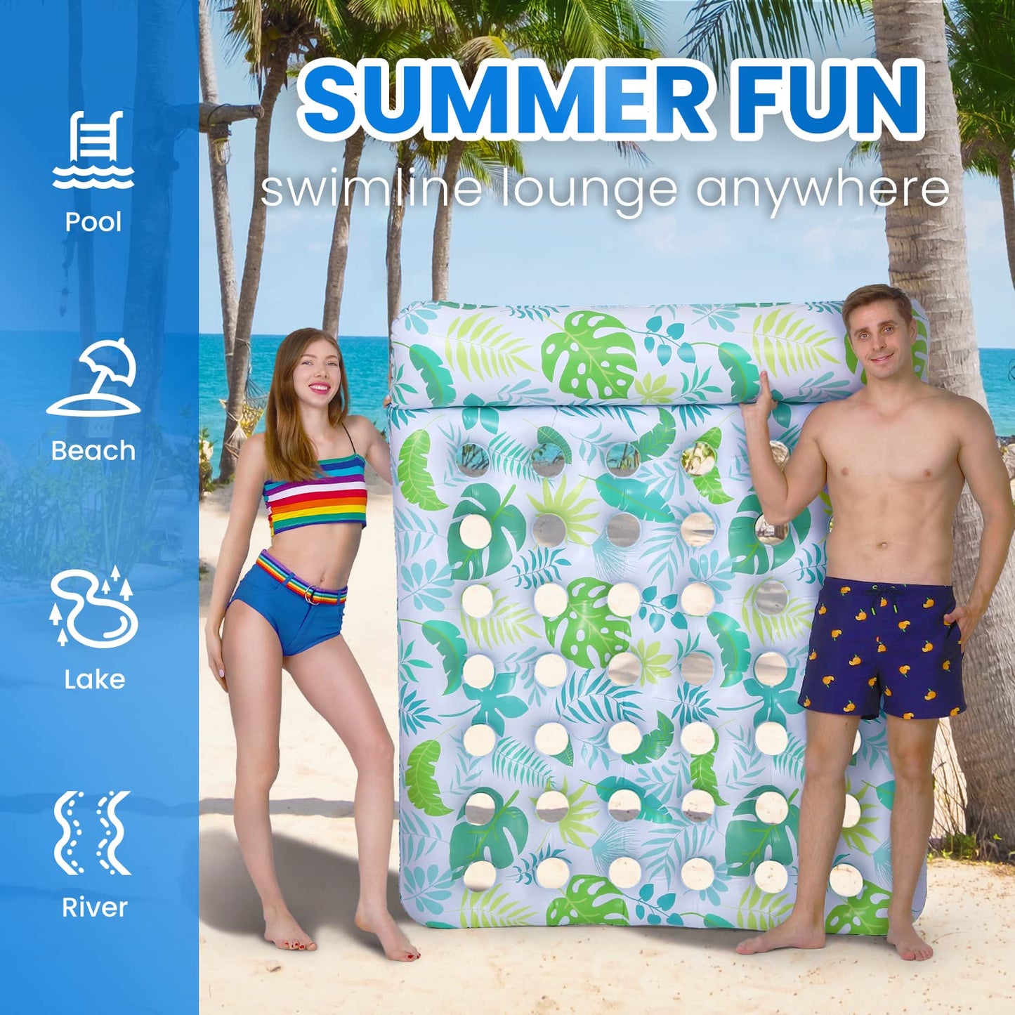 Ocestar Inflatable Pool Float Mat  72  X 60  Giant Pool Floats mature-themed Size with Headrest Lake Float Raft Water Lounger  Oversized Floating for Swimming Pool Tanning Pool for Summer Beach (Blue)