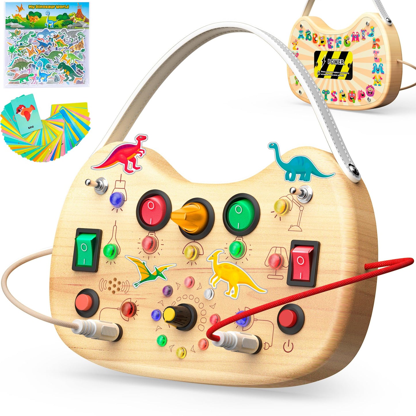 Udouto Montessori Busy Board For Toddlers 1-3, Wooden Busy Board With Led Light, Switch Board Car Ride Airplane Travel Toys, Chr