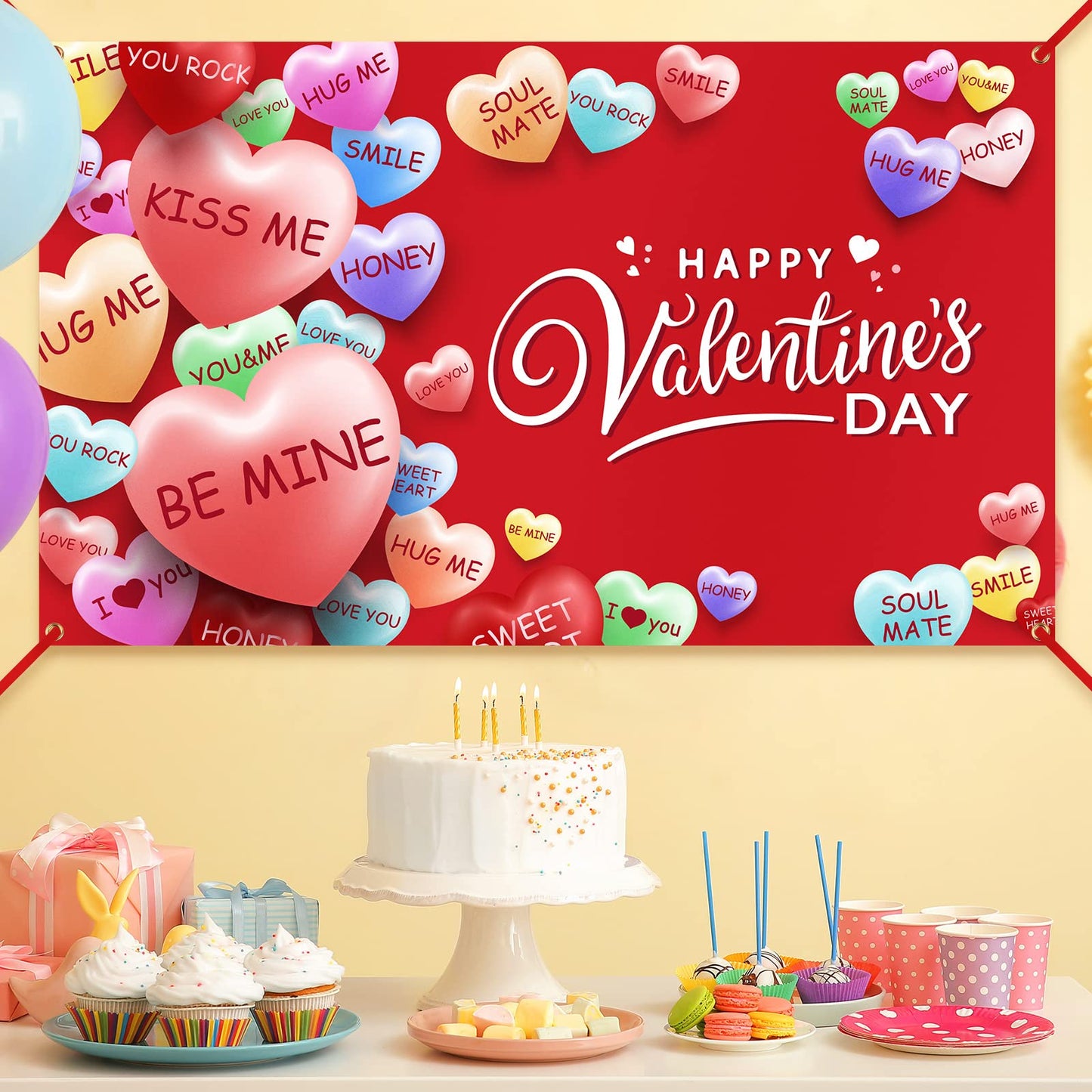 Extra Large Happy Valentines Day Backdrop Banner 73 x 43.3 Inch Conversation Heart Romantic Love Background Valentines Backdrops